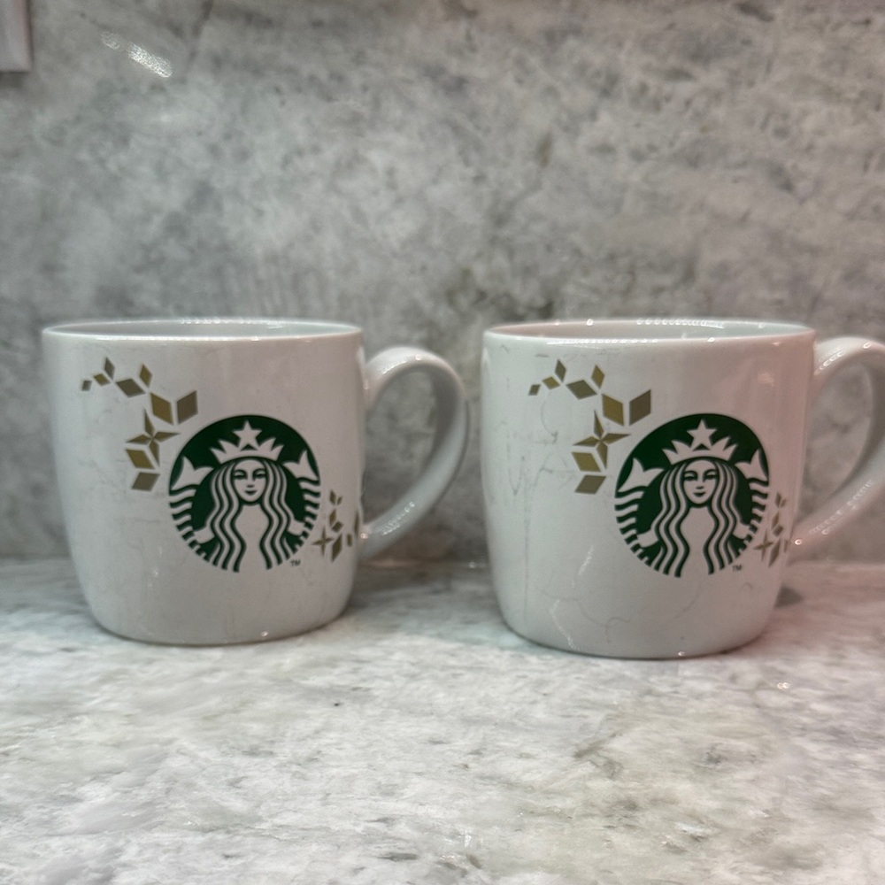 Starbucks White Mugs with Gold Accents
